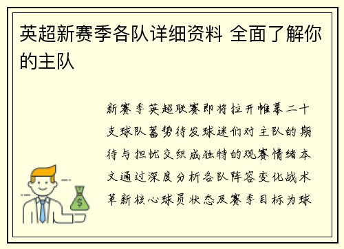 英超新赛季各队详细资料 全面了解你的主队